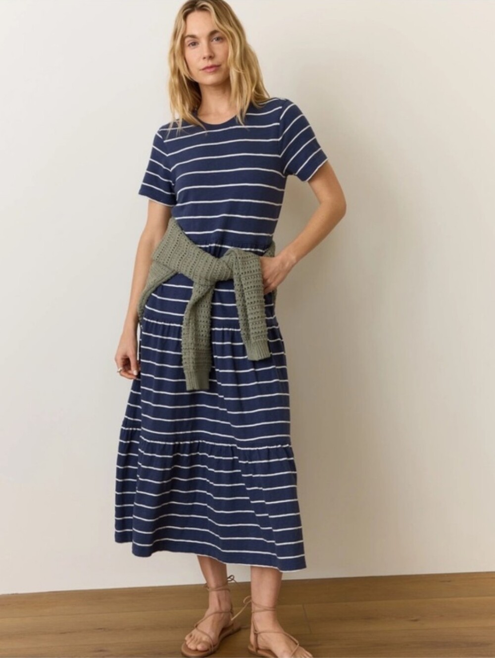 Marine Layer Striped Navy Midi Dress with Short Sleeves